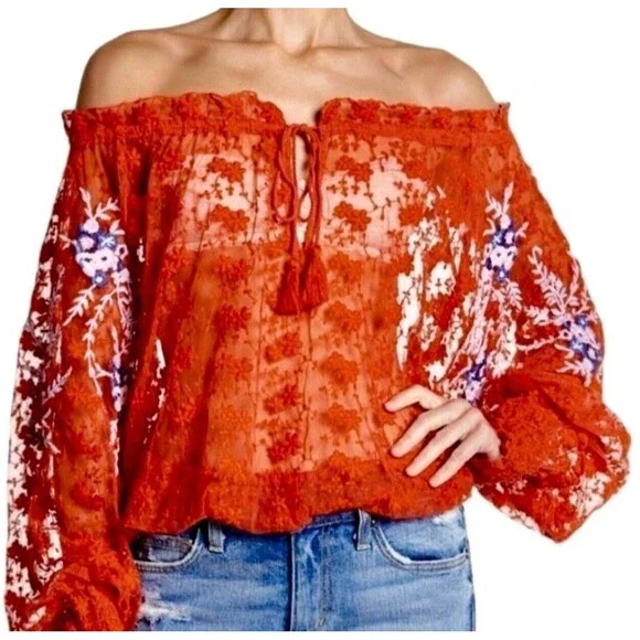 Free People Jubilee Embroidered Lace Boho Sheer Blouse Top Red Sz Small OB754354 - Picture 7 of 15